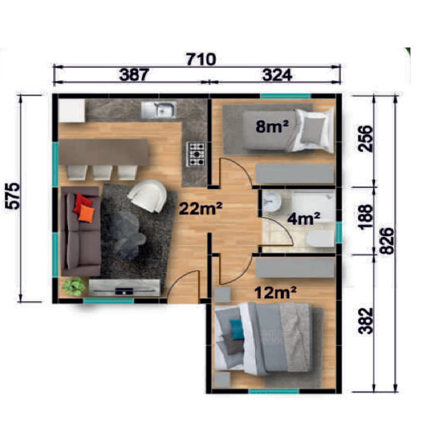 Сглобяема къща UP 102, 49 м² – разпределение