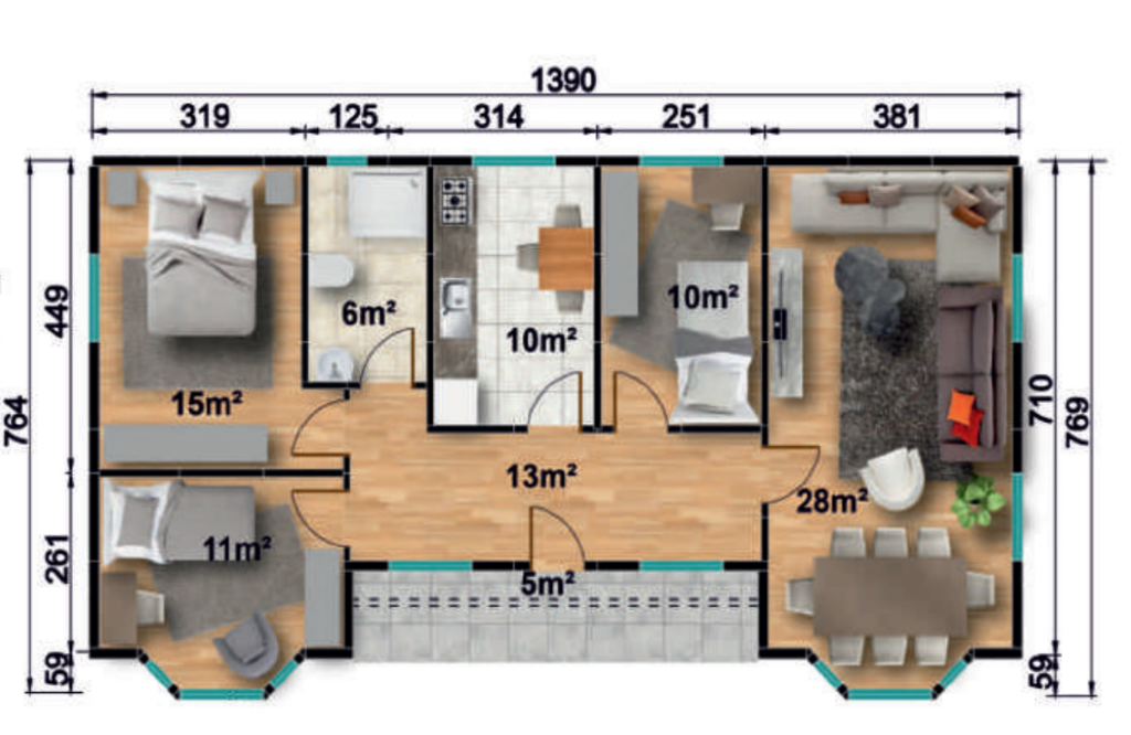 Сглобяема къща UP 125, 98 м² – разпределение