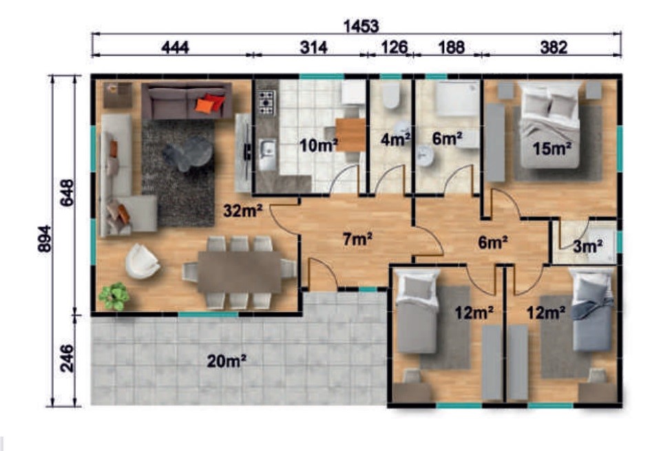 Сглобяема къща UP 132, 123 м² – разпределение