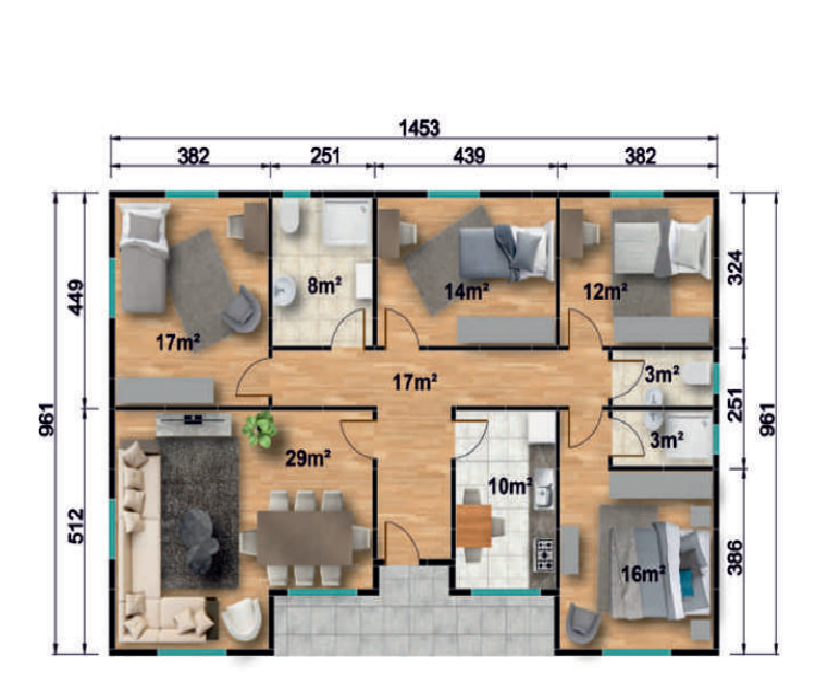 Сглобяема къща UP 134, 129 м² – разпределение